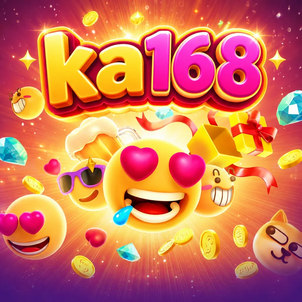 โลโก้ ka168 สีสันสดใส ล้อมรอบด้วยตัวการ์ตูนอีโมจิ เบียร์ กล่องของขวัญ และเพชร
