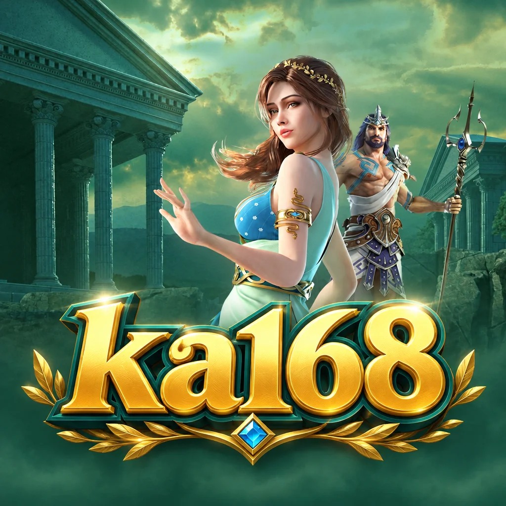 โลโก้ ka168 สีทองด้านหน้าภาพตัวละครเมดูซ่าและโพไซดอนในธีมวิหารกรีกโบราณ